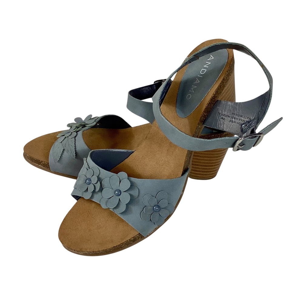 Andiamo ASUTTON WIDE Blue Gray Floral Applique Block Heel Sandals Womens 8W